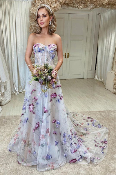 Strapless Purple Floral Long Prom Dresses, Strapless Purple Floral Long Formal Evening Dresses