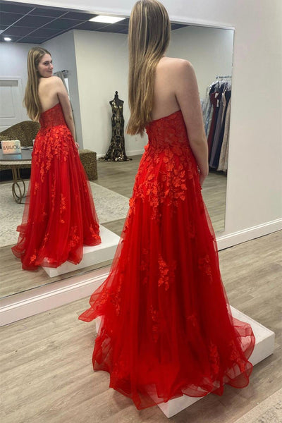 Strapless Red Lace Floral Long Prom Dresses, Red Lace Formal Dresses, Red Evening Dresses EP1903