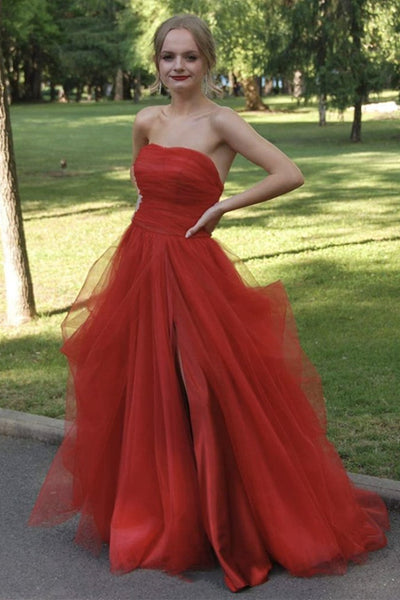Strapless Red Tulle Long Prom Dresses with High Slit, Red Tulle Formal Graduation Evening Dresses EP1774