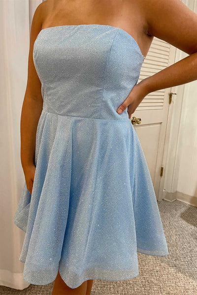 Strapless Shiny Light Blue Short Prom Dresses, Shiny Blue Short Graduation Homecoming Dresses
