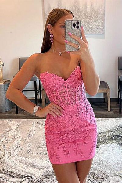 Strapless Short Pink Lace Prom Dresses, Short Pink Lace Formal Homecoming Dresses