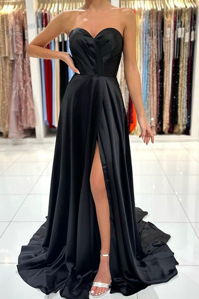 Strapless Sweetheart Neck Black Green Long Satin Prom Dresses, Black Green Long Formal Evening Dresses