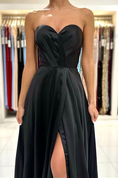 Strapless Sweetheart Neck Black Green Long Satin Prom Dresses, Black Green Long Formal Evening Dresses