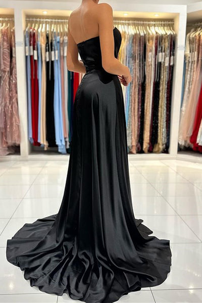 Strapless Sweetheart Neck Black Green Long Satin Prom Dresses, Black Green Long Formal Evening Dresses
