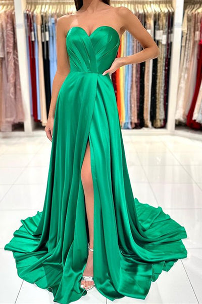 Strapless Sweetheart Neck Black Green Long Satin Prom Dresses, Black Green Long Formal Evening Dresses