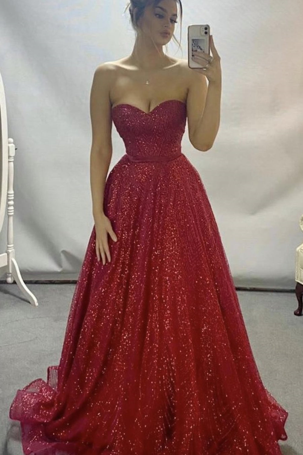 Strapless Sweetheart Neck Burgundy Long Prom Dresses, Shiny Burgundy Formal Evening Dresses