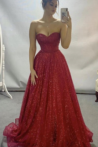 Strapless Sweetheart Neck Burgundy Long Prom Dresses, Shiny Burgundy Formal Evening Dresses