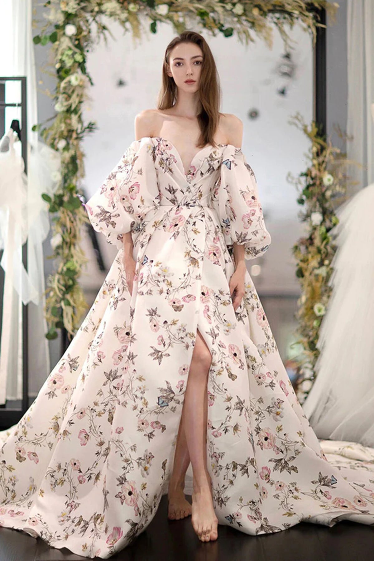 Stylish Long Sleeves Printed Pattern Long Prom Dress with High Slit, Long Formal Evening Dress