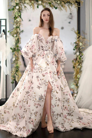 Stylish Long Sleeves Printed Pattern Long Prom Dress with High Slit, Long Formal Evening Dress