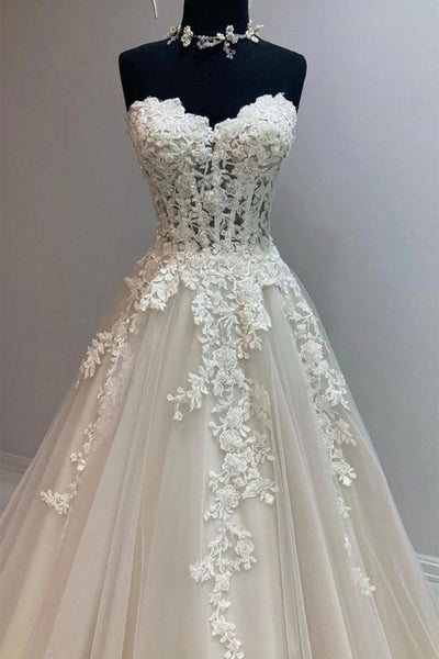 Sweetheart Neck Champagne Tulle Lace Long Prom Dresses, Strapless Champagne Formal Dresses, Champagne Lace Evening Dresses EP1790