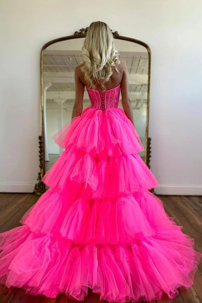 Sweetheart Neck High Low Hot Pink Tulle Lace Prom Dresses, Hot Pink High Low Tulle Lace Formal Evening Dresses