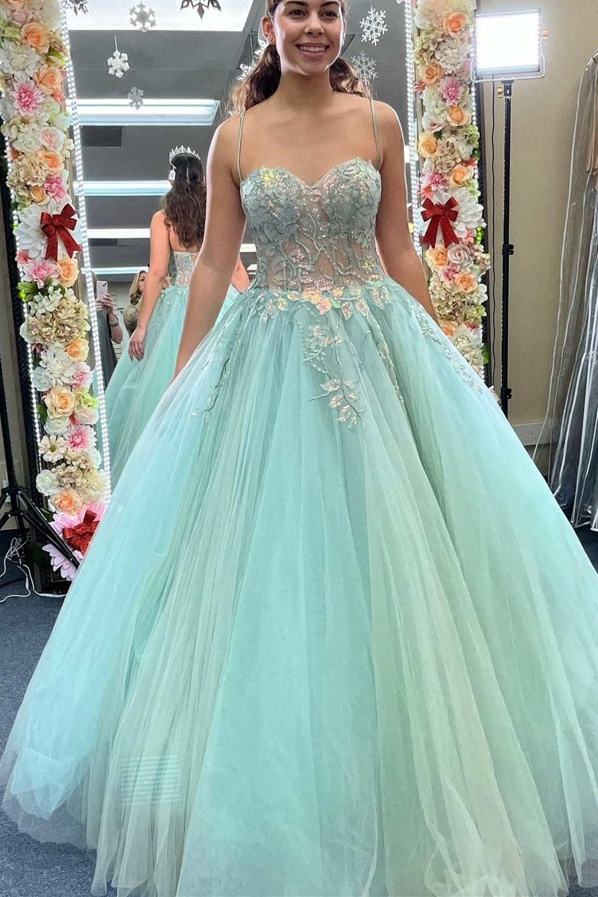Sweetheart Neck Mint Green Tulle Lace Applique Long Prom Dresses, Mint Green Tulle Lace Floral Formal Evening Dresses, Ball Gown EP1818