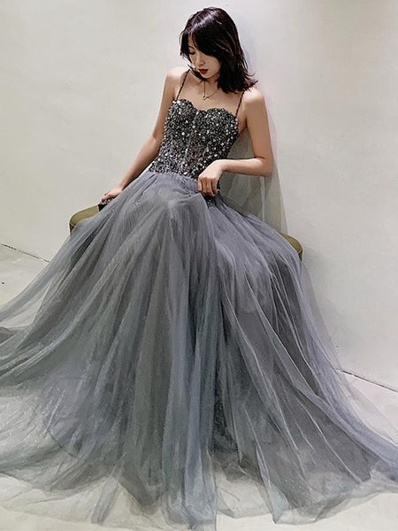 Sweetheart Neck Silver Gray Long Beaded Prom Dresses, Silver Gray Long Formal Evening Dresses with Beadings