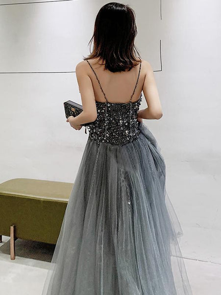 Sweetheart Neck Silver Gray Long Beaded Prom Dresses, Silver Gray Long Formal Evening Dresses with Beadings