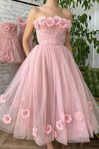 Tea Length Pink Floral Prom Dresses, Pink Tea Length Floral Formal Homecoming Dresses