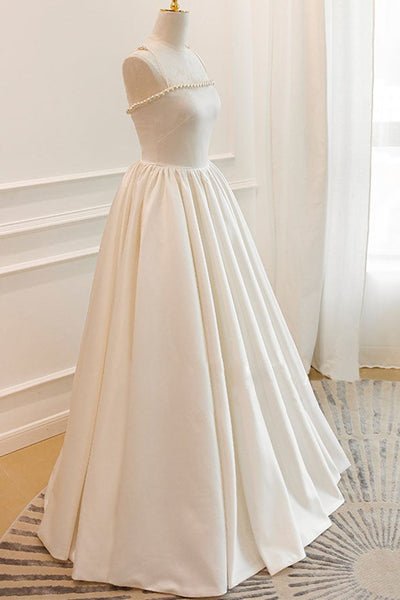 Thin Straps Open Back Ivory Satin Long Prom Dresses with Pearls, Long Ivory Formal Graduation Evening Dresses EP1685