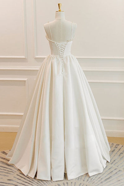 Thin Straps Open Back Ivory Satin Long Prom Dresses with Pearls, Long Ivory Formal Graduation Evening Dresses EP1685