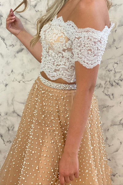 Two Pieces Off Shoulder Beaded Champagne Long Prom Dresses with Lace Top, Two Piece Champagne Lace Formal Evening Dresses EP1722