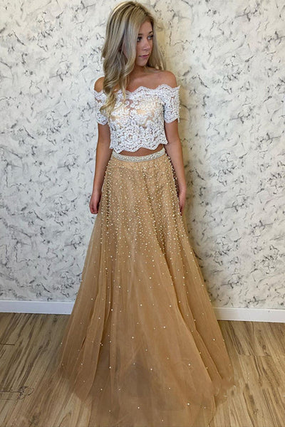 Two Pieces Off Shoulder Beaded Champagne Long Prom Dresses with Lace Top, Two Piece Champagne Lace Formal Evening Dresses EP1722
