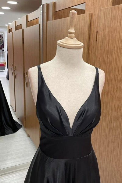 V Neck Backless Black Satin Long Prom Dresses, Backless Black Formal Dresses, Black Evening Dresses EP1571