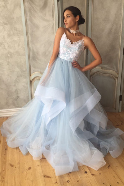 V Neck Backless Blue Long Prom Dresses with White Lace Appliques, Backless Blue Formal Evening Dresses, Blue Ball Gown EP1548