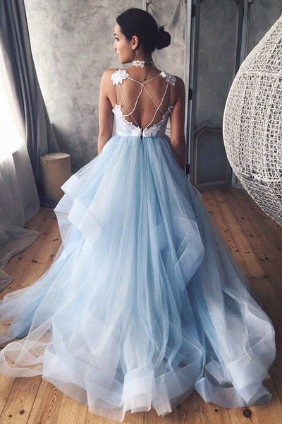V Neck Backless Blue Long Prom Dresses with White Lace Appliques, Backless Blue Formal Evening Dresses, Blue Ball Gown EP1548