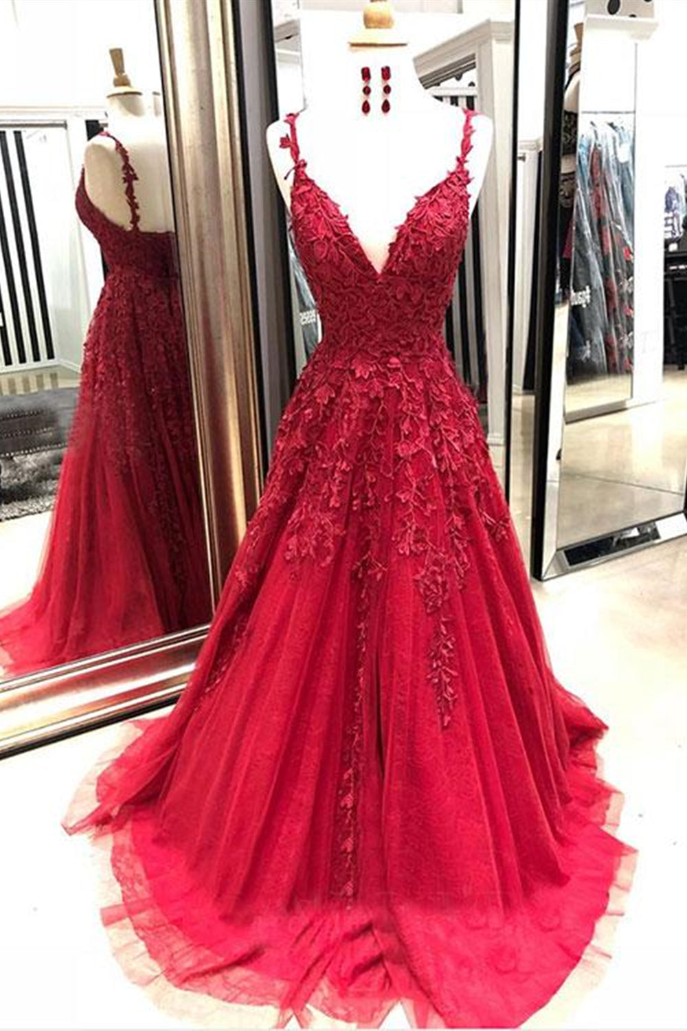 V Neck Backless Burgundy Lace Long Prom Dresses, Burgundy Lace Formal Graduation Evening Dresses EP1649
