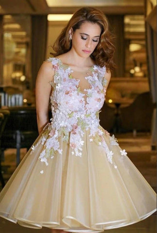 V Neck Backless Champagne Lace Floral Prom Homecoming Dresses, 3D Flowers Champagne Formal Evening Dresses EP1545