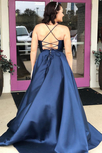 V Neck Backless Navy Blue Long Prom Dresses, Backless Navy Blue Formal Graduation Evening Dresses EP1687