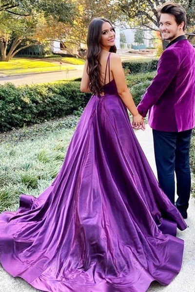 V Neck Backless Purple Long Prom Dresses with High Slit, Open Back Purple Formal Graduation Evening Dresses EP1382