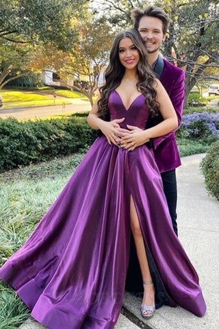 V Neck Backless Purple Long Prom Dresses with High Slit, Open Back Purple Formal Graduation Evening Dresses EP1382