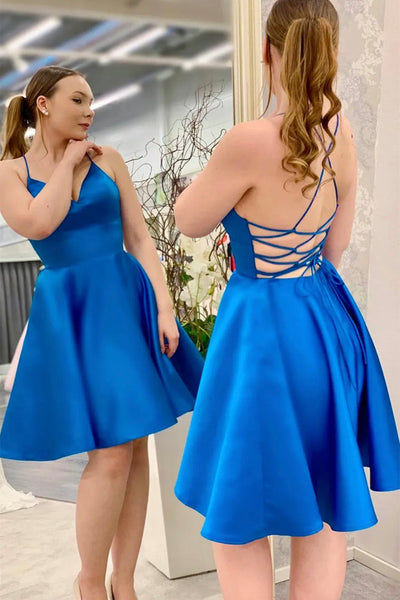 V Neck Backless Royal Blue Satin Short Prom Dresses, V Neck Royal Blue Homecoming Dresses, Blue Formal Graduation Evening Dresses EP1899