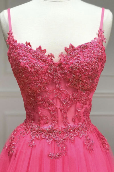 V Neck Beaded Hot Pink Lace Tulle Long Prom Dresses, Hot Pink Lace Formal Dresses, Hot Pink Evening Dresses EP1867
