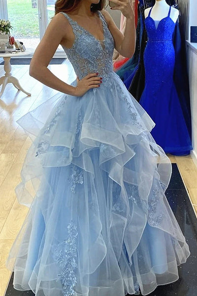 V Neck Blue Lace Prom Dresses, Blue Lace Long Formal Evening Dresses