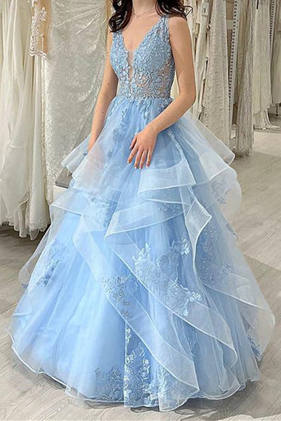 V Neck Blue Lace Prom Dresses, Blue Lace Long Formal Evening Dresses