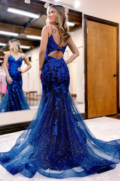 V Neck Blue Mermaid Lace Prom Dresses, Blue V Neck Mermaid Lace Formal Evening Dresses