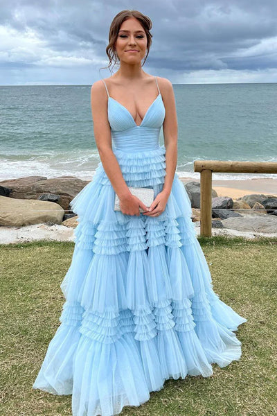 V Neck Blue Red Champagne Tulle Long Prom Dresses, V Neck Blue Red Champagne Tulle Formal Evening Dresses