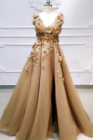 V Neck Champagne Lace Floral Long Prom Dresses, Champagne Lace Formal Dresses, Champagne Floral Evening Dresses, EP1651
