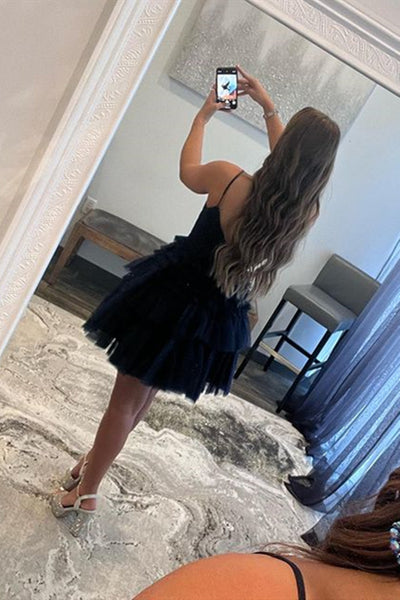 V Neck Dark Blue Short Tulle Prom Dresses, Short Dark Blue Formal Homecoming Dresses