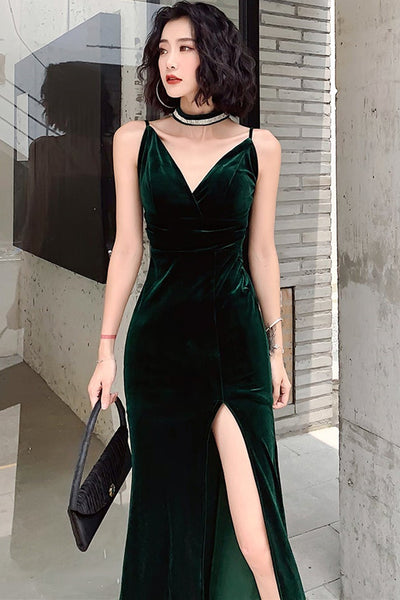 V Neck Dark Green Velvet Long Prom Dresses with High Slit, V Neck Dark Green Formal Graduation Evening Dresses EP1671