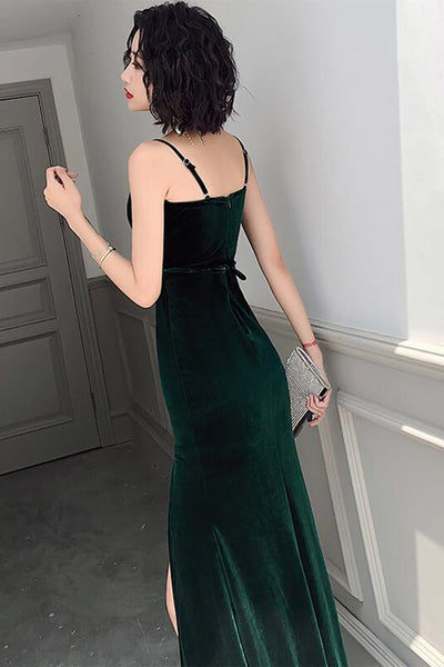 V Neck Dark Green Velvet Long Prom Dresses with High Slit, V Neck Dark Green Formal Graduation Evening Dresses EP1671