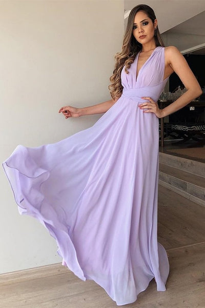 V Neck Floor Length Purple Chiffon Long Prom Dresses, Lilac Bridesmaid Dresses, Lavender Formal Evening Dresses EP1546