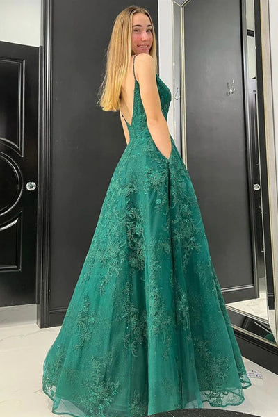 V Neck Green Lace Prom Dresses, V Neck Green Lace Formal Evening Dresses