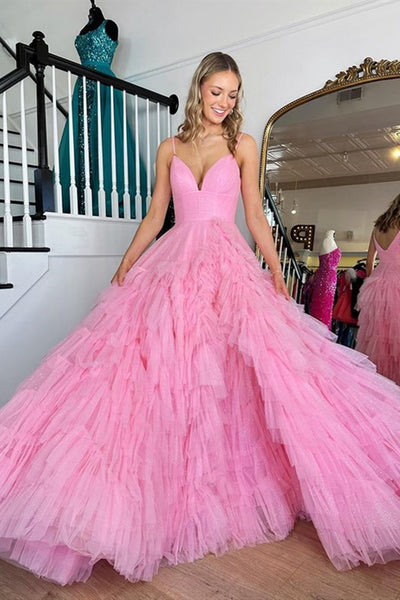 V Neck Hot Pink Long Prom Dresses, Hot Pink V Neck Long Formal Evening Dresses