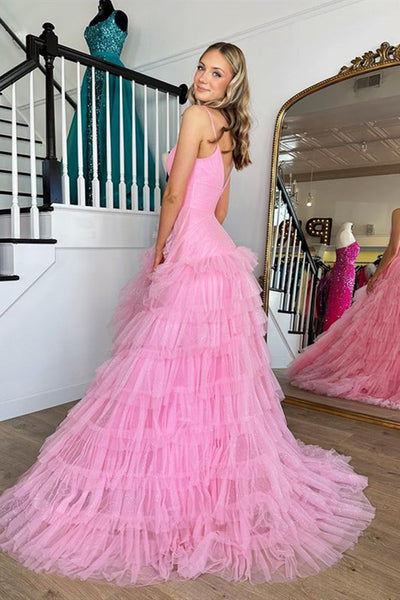 V Neck Hot Pink Long Prom Dresses, Hot Pink V Neck Long Formal Evening Dresses