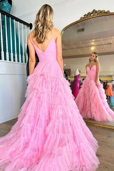 V Neck Hot Pink Long Prom Dresses, Hot Pink V Neck Long Formal Evening Dresses