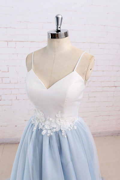 V Neck Light Blue Lace Prom Dresses, Light Blue Lace Formal Evening Dresses