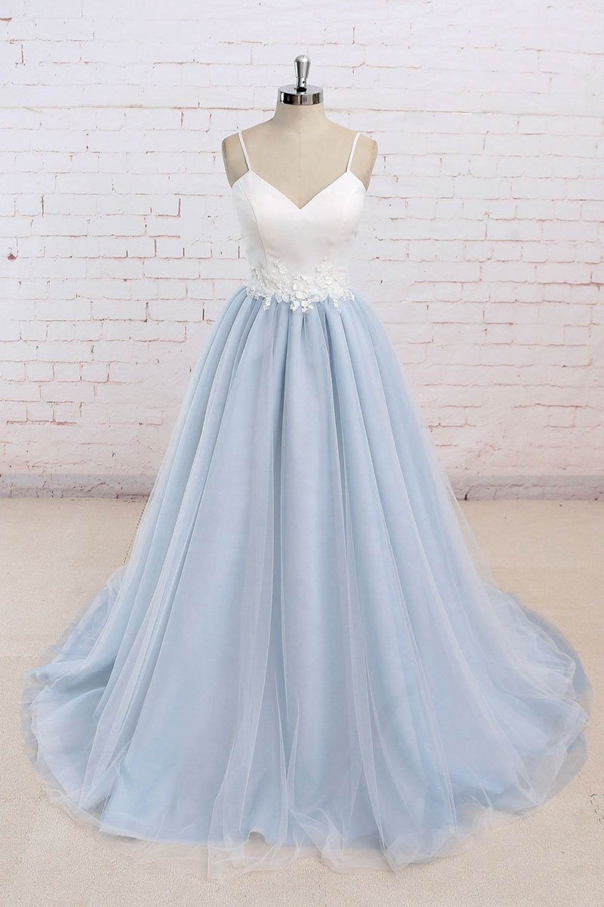 V Neck Light Blue Lace Prom Dresses, Light Blue Lace Formal Evening Dresses