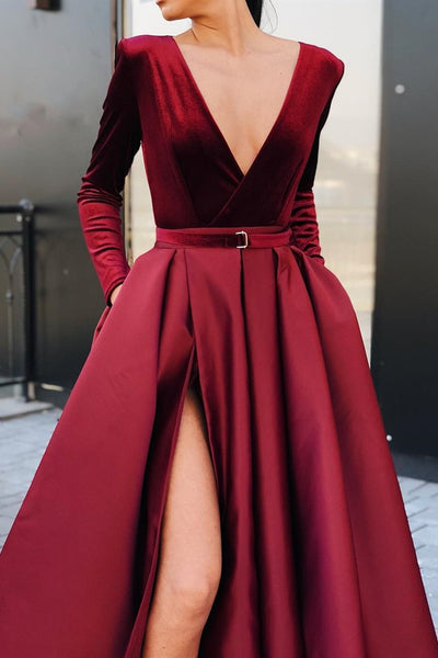 V Neck Long Sleeves Burgundy Prom Dresses with Pocket, Long Sleeves High Slit Burgundy Formal Evening Dresses