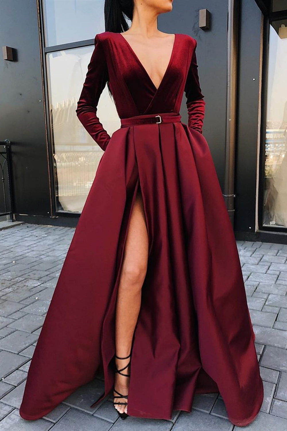 V Neck Long Sleeves Burgundy Prom Dresses with Pocket, Long Sleeves High Slit Burgundy Formal Evening Dresses